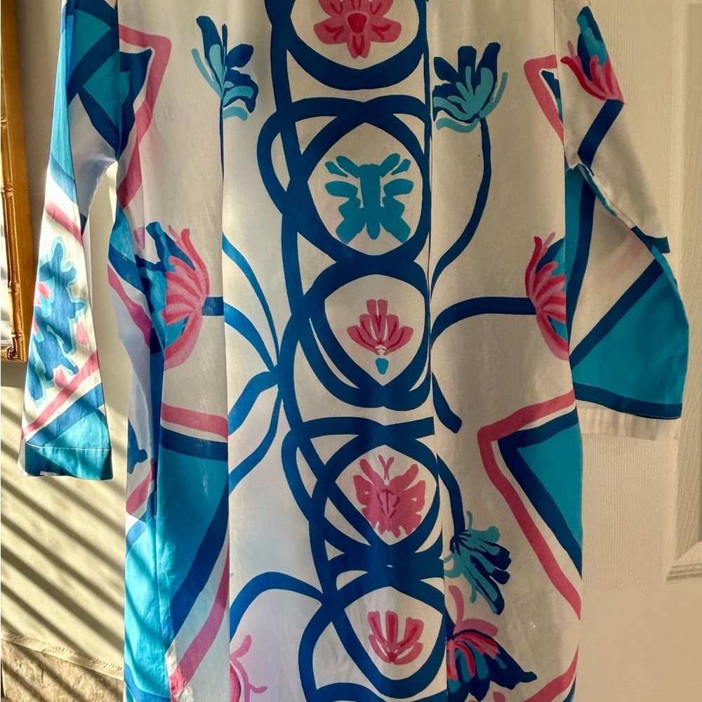 Blue and Pink Resort Wear Raglan Sleeve Short Caftan - Picture 3 of 4